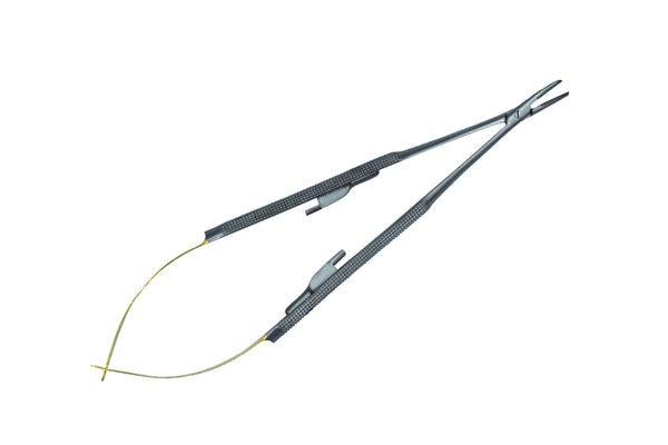 Pinza porta aghi Castroviejo TC con manico tondo, curva, 18 cm, per aghi misura 5-0,6-0,7-0,8-0,9-0,10-0 (Cod. 1004-21.)