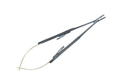 Pinza porta aghi Castroviejo TC con manico tondo, curva, 18 cm, per aghi misura 5-0,6-0,7-0,8-0,9-0,10-0 (Cod. 1004-21.)